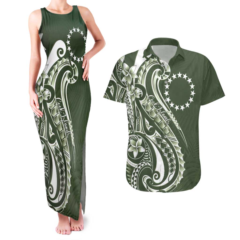Kia Orana Cook Islands Couples Matching Tank Maxi Dress and Hawaiian Shirt Matie Plumeria Tropical Waves LT7 Sage Green - Polynesian Pride