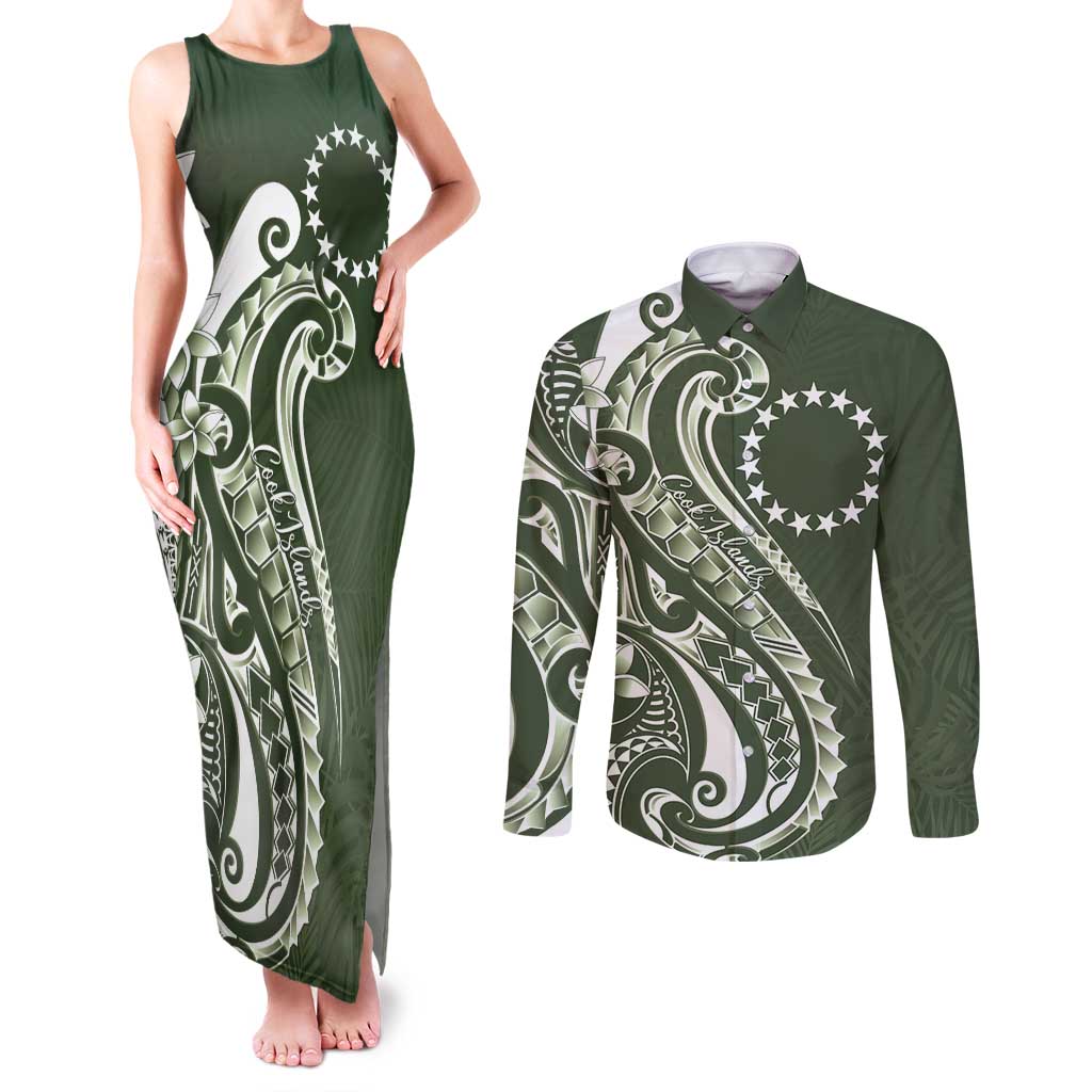 Kia Orana Cook Islands Couples Matching Tank Maxi Dress and Long Sleeve Button Shirt Matie Plumeria Tropical Waves LT7 Sage Green - Polynesian Pride