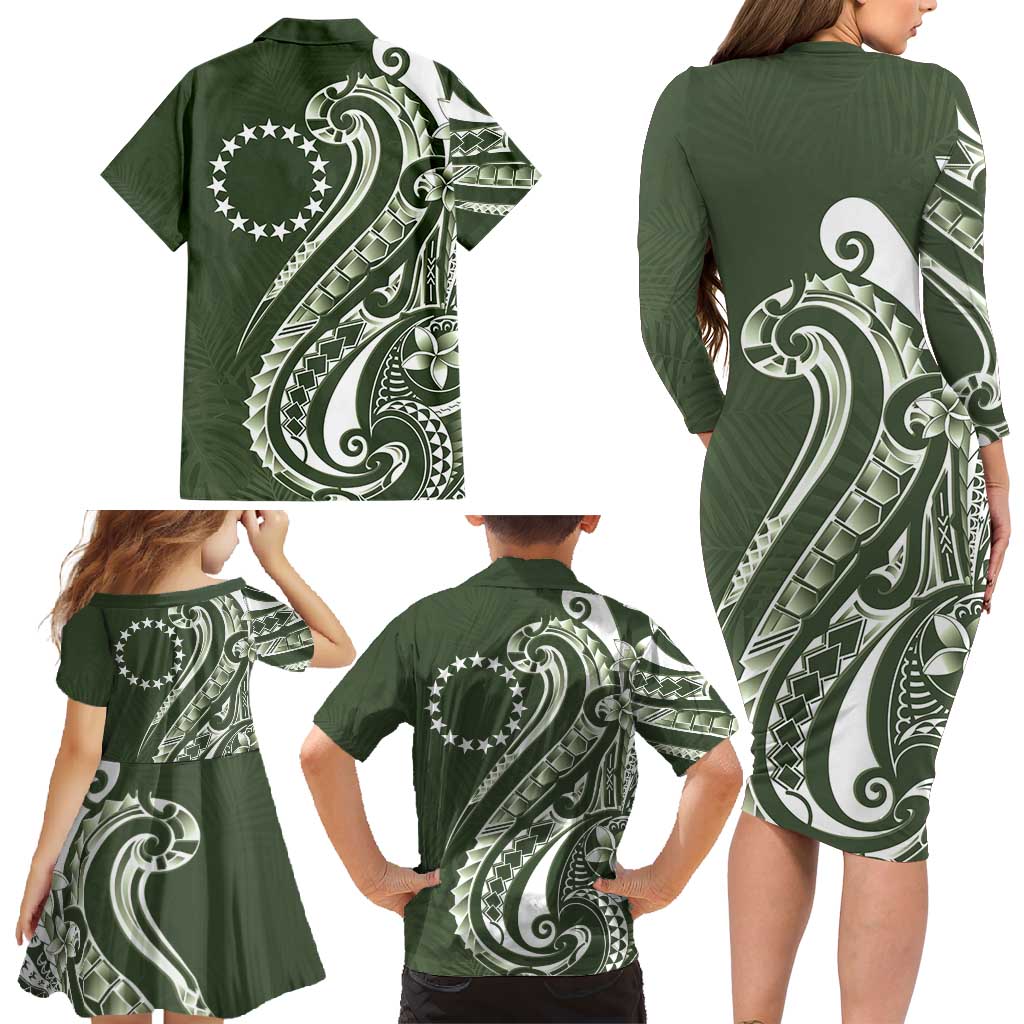 Kia Orana Cook Islands Family Matching Long Sleeve Bodycon Dress and Hawaiian Shirt Matie Plumeria Tropical Waves LT7 - Polynesian Pride