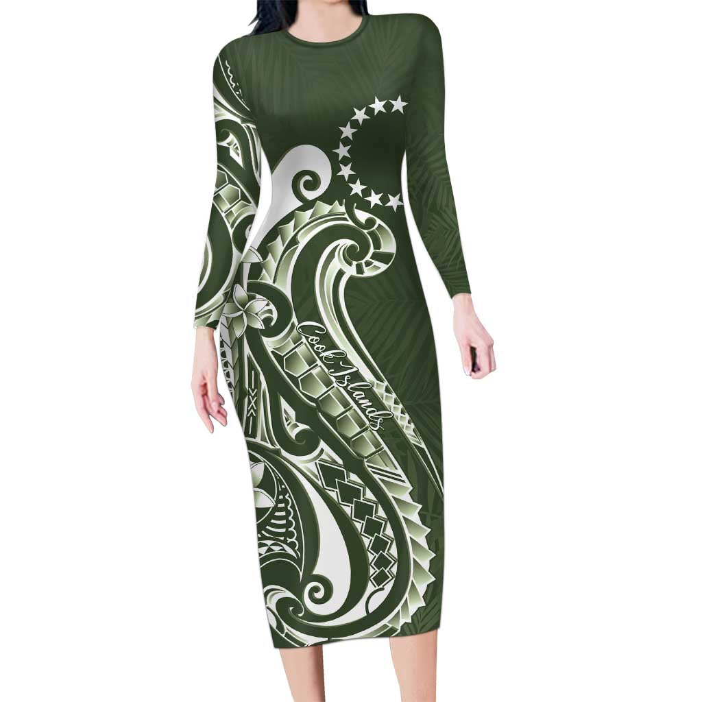 Kia Orana Cook Islands Family Matching Long Sleeve Bodycon Dress and Hawaiian Shirt Matie Plumeria Tropical Waves LT7 Mom's Dress Sage Green - Polynesian Pride