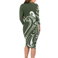 Kia Orana Cook Islands Family Matching Long Sleeve Bodycon Dress and Hawaiian Shirt Matie Plumeria Tropical Waves LT7 - Polynesian Pride