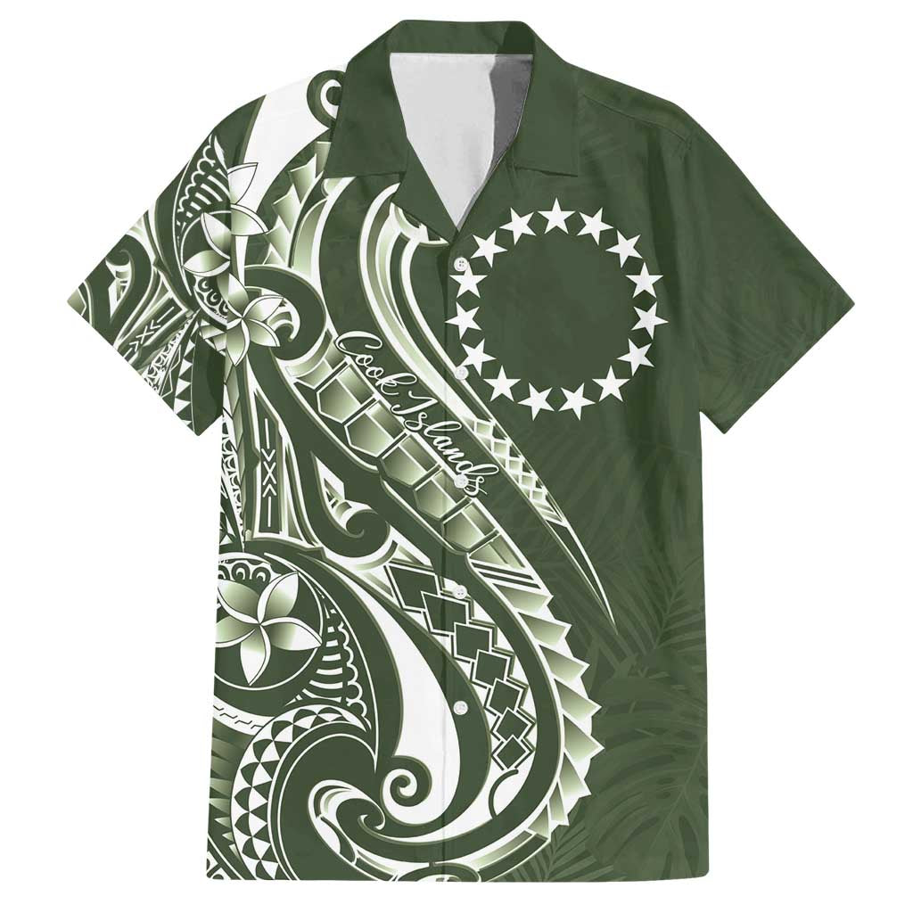 Kia Orana Cook Islands Family Matching Off Shoulder Maxi Dress and Hawaiian Shirt Matie Plumeria Tropical Waves LT7 Dad's Shirt - Short Sleeve Sage Green - Polynesian Pride