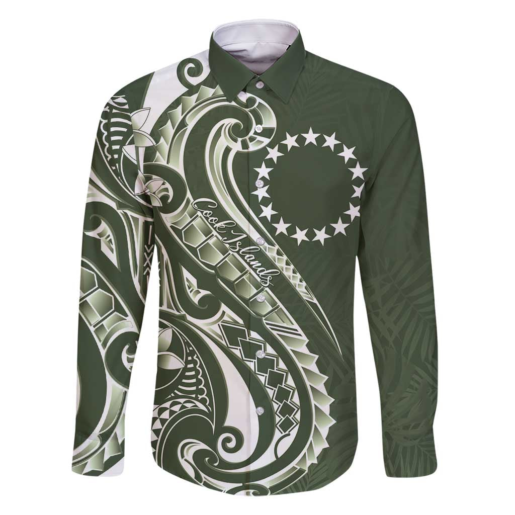 Kia Orana Cook Islands Family Matching Off Shoulder Maxi Dress and Hawaiian Shirt Matie Plumeria Tropical Waves LT7 Dad's Shirt - Long Sleeve Sage Green - Polynesian Pride