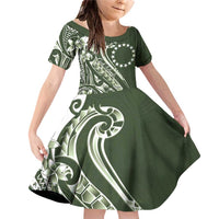 Kia Orana Cook Islands Family Matching Off Shoulder Short Dress and Hawaiian Shirt Matie Plumeria Tropical Waves LT7 Daughter's Dress Sage Green - Polynesian Pride