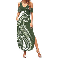 Kia Orana Cook Islands Family Matching Summer Maxi Dress and Hawaiian Shirt Matie Plumeria Tropical Waves LT7 Mom's Dress Sage Green - Polynesian Pride
