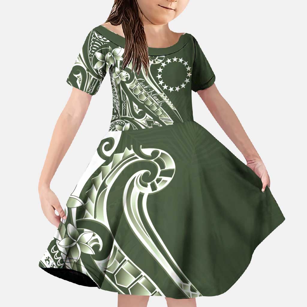 Kia Orana Cook Islands Family Matching Tank Maxi Dress and Hawaiian Shirt Matie Plumeria Tropical Waves LT7 Daughter's Dress Sage Green - Polynesian Pride