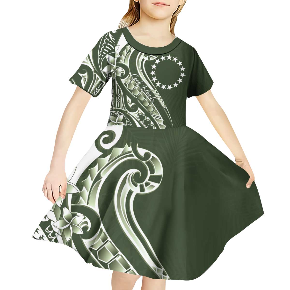 Kia Orana Cook Islands Kid Short Sleeve Dress Matie Plumeria Tropical Waves LT7 - Polynesian Pride