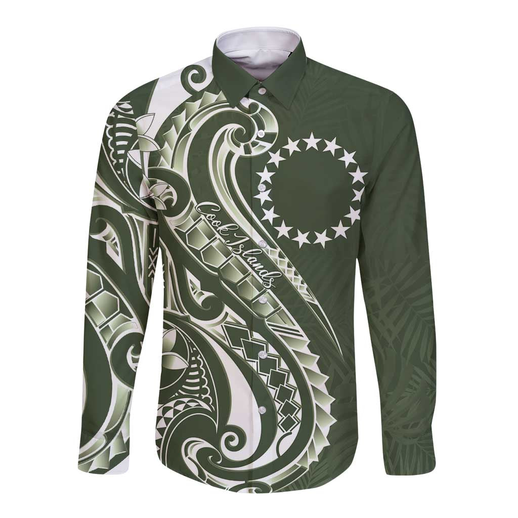 Kia Orana Cook Islands Long Sleeve Button Shirt Matie Plumeria Tropical Waves LT7 Unisex Sage Green - Polynesian Pride