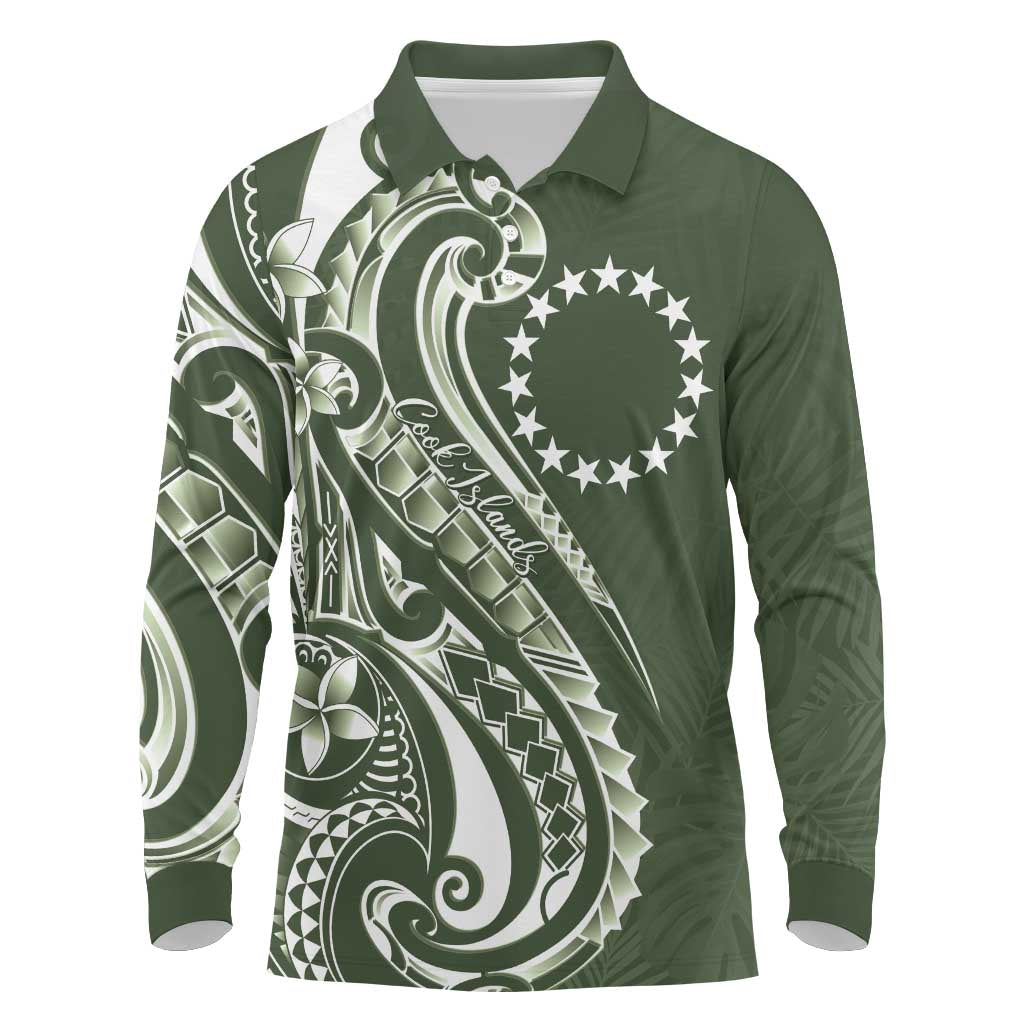 Kia Orana Cook Islands Long Sleeve Polo Shirt Matie Plumeria Tropical Waves LT7 Sage Green - Polynesian Pride