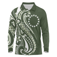 Kia Orana Cook Islands Long Sleeve Polo Shirt Matie Plumeria Tropical Waves LT7 Sage Green - Polynesian Pride