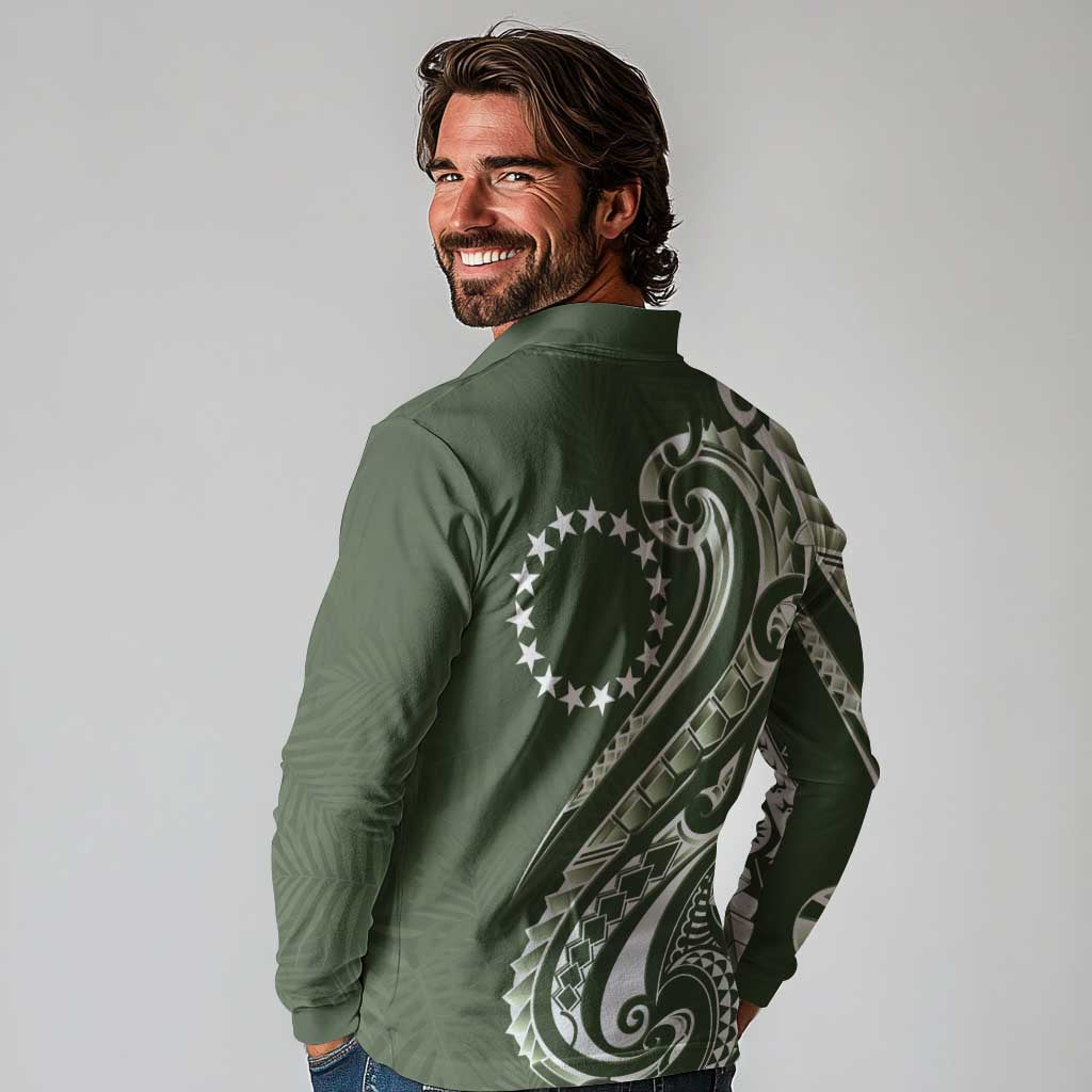 Kia Orana Cook Islands Long Sleeve Polo Shirt Matie Plumeria Tropical Waves LT7 - Polynesian Pride