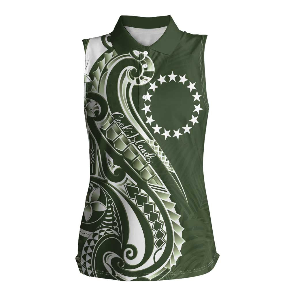 Kia Orana Cook Islands Women Sleeveless Polo Shirt Matie Plumeria Tropical Waves LT7 Female Sage Green - Polynesian Pride