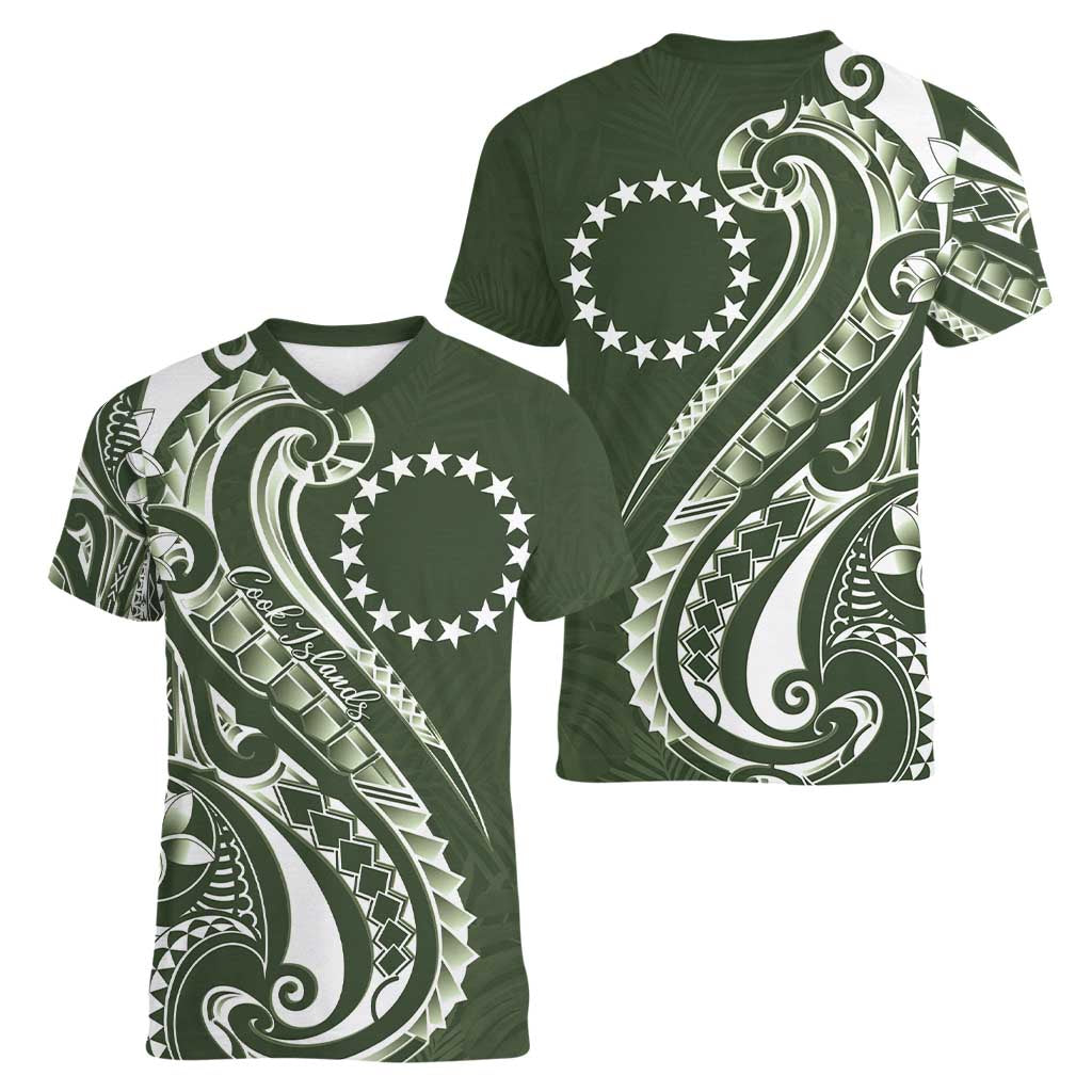 Kia Orana Cook Islands Women V-Neck T-Shirt Matie Plumeria Tropical Waves LT7 - Polynesian Pride