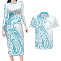 Kia Orana Cook Islands Couples Matching Long Sleeve Bodycon Dress and Hawaiian Shirt Moana Plumeria Tropical Waves LT7 Turquoise - Polynesian Pride
