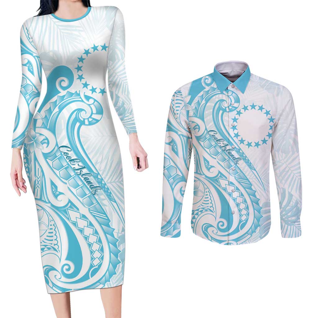 Kia Orana Cook Islands Couples Matching Long Sleeve Bodycon Dress and Long Sleeve Button Shirt Moana Plumeria Tropical Waves LT7 Turquoise - Polynesian Pride