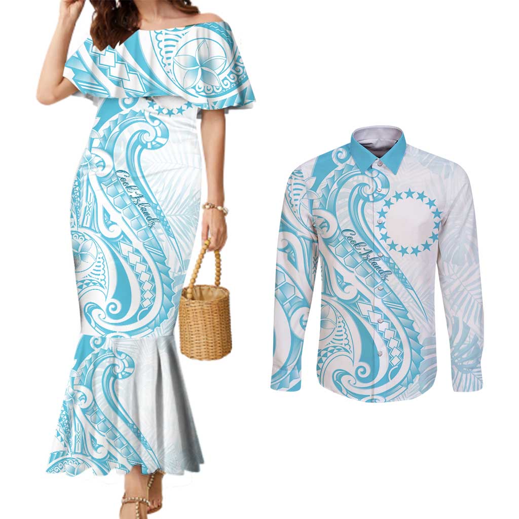 Kia Orana Cook Islands Couples Matching Mermaid Dress and Long Sleeve Button Shirt Moana Plumeria Tropical Waves LT7 Turquoise - Polynesian Pride