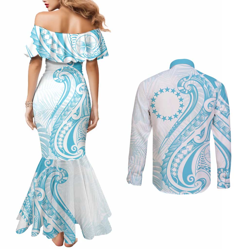Kia Orana Cook Islands Couples Matching Mermaid Dress and Long Sleeve Button Shirt Moana Plumeria Tropical Waves LT7 - Polynesian Pride