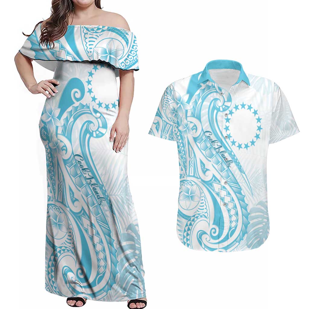 Kia Orana Cook Islands Couples Matching Off Shoulder Maxi Dress and Hawaiian Shirt Moana Plumeria Tropical Waves LT7 Turquoise - Polynesian Pride