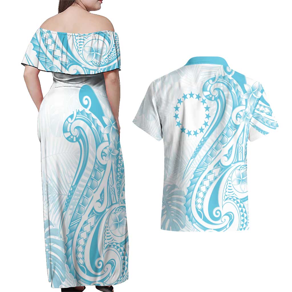 Kia Orana Cook Islands Couples Matching Off Shoulder Maxi Dress and Hawaiian Shirt Moana Plumeria Tropical Waves LT7 - Polynesian Pride