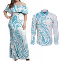 Kia Orana Cook Islands Couples Matching Off Shoulder Maxi Dress and Long Sleeve Button Shirt Moana Plumeria Tropical Waves LT7 Turquoise - Polynesian Pride