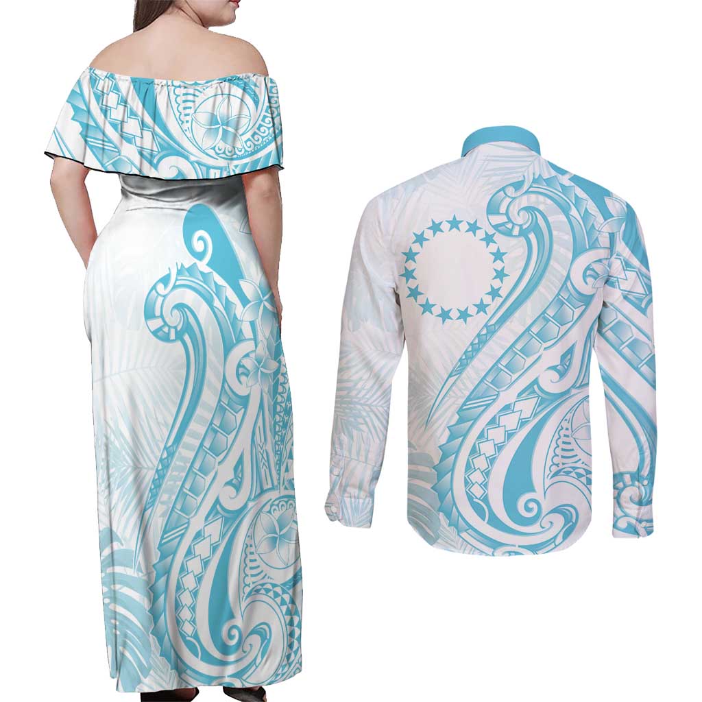 Kia Orana Cook Islands Couples Matching Off Shoulder Maxi Dress and Long Sleeve Button Shirt Moana Plumeria Tropical Waves LT7 - Polynesian Pride