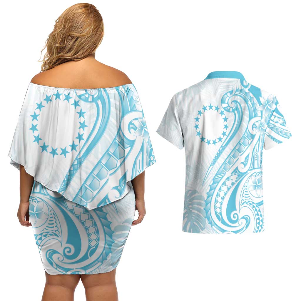 Kia Orana Cook Islands Couples Matching Off Shoulder Short Dress and Hawaiian Shirt Moana Plumeria Tropical Waves LT7 - Polynesian Pride