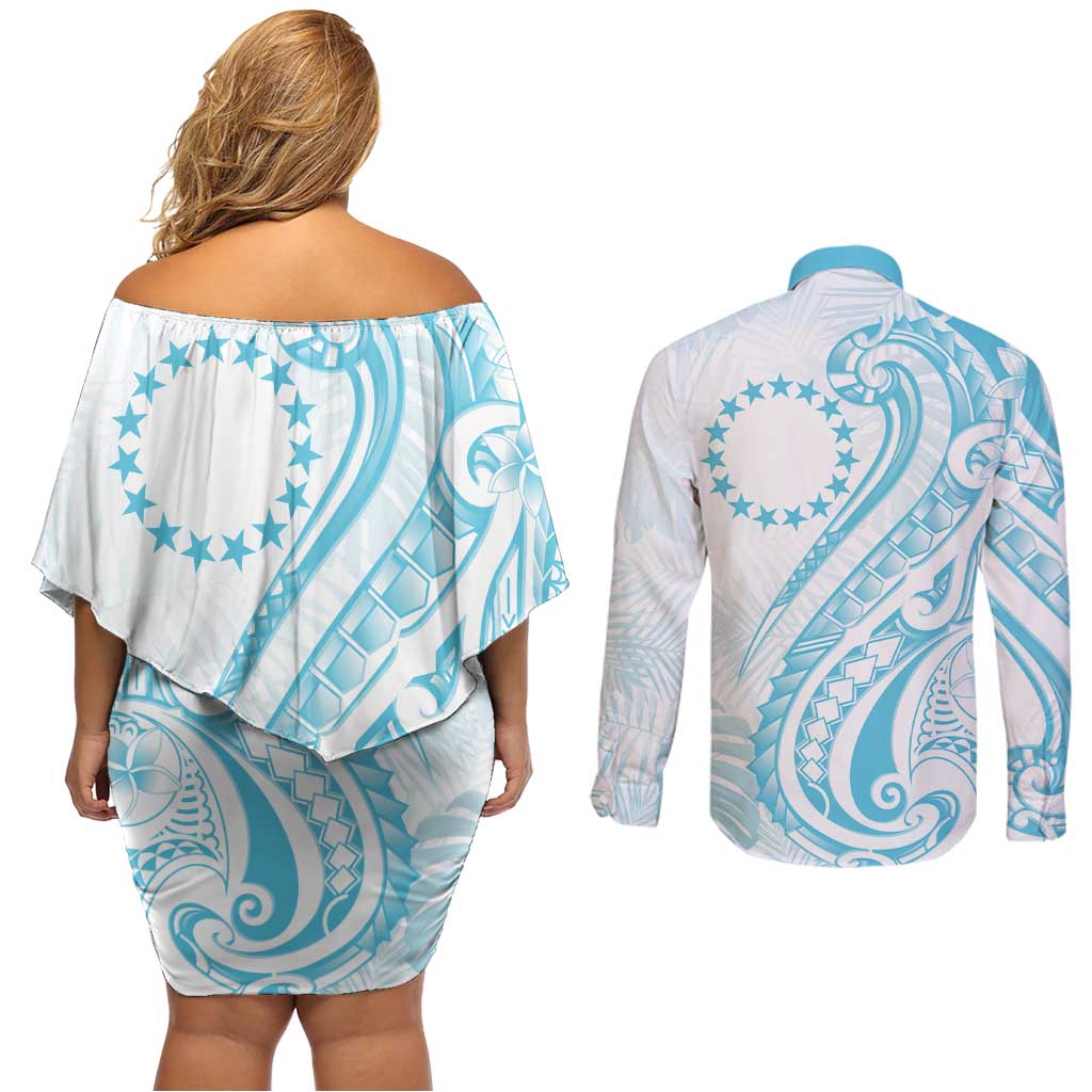 Kia Orana Cook Islands Couples Matching Off Shoulder Short Dress and Long Sleeve Button Shirt Moana Plumeria Tropical Waves LT7 - Polynesian Pride