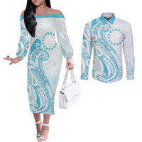 Kia Orana Cook Islands Couples Matching Off The Shoulder Long Sleeve Dress and Long Sleeve Button Shirt Moana Plumeria Tropical Waves LT7 Turquoise - Polynesian Pride