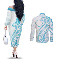 Kia Orana Cook Islands Couples Matching Off The Shoulder Long Sleeve Dress and Long Sleeve Button Shirt Moana Plumeria Tropical Waves LT7 - Polynesian Pride