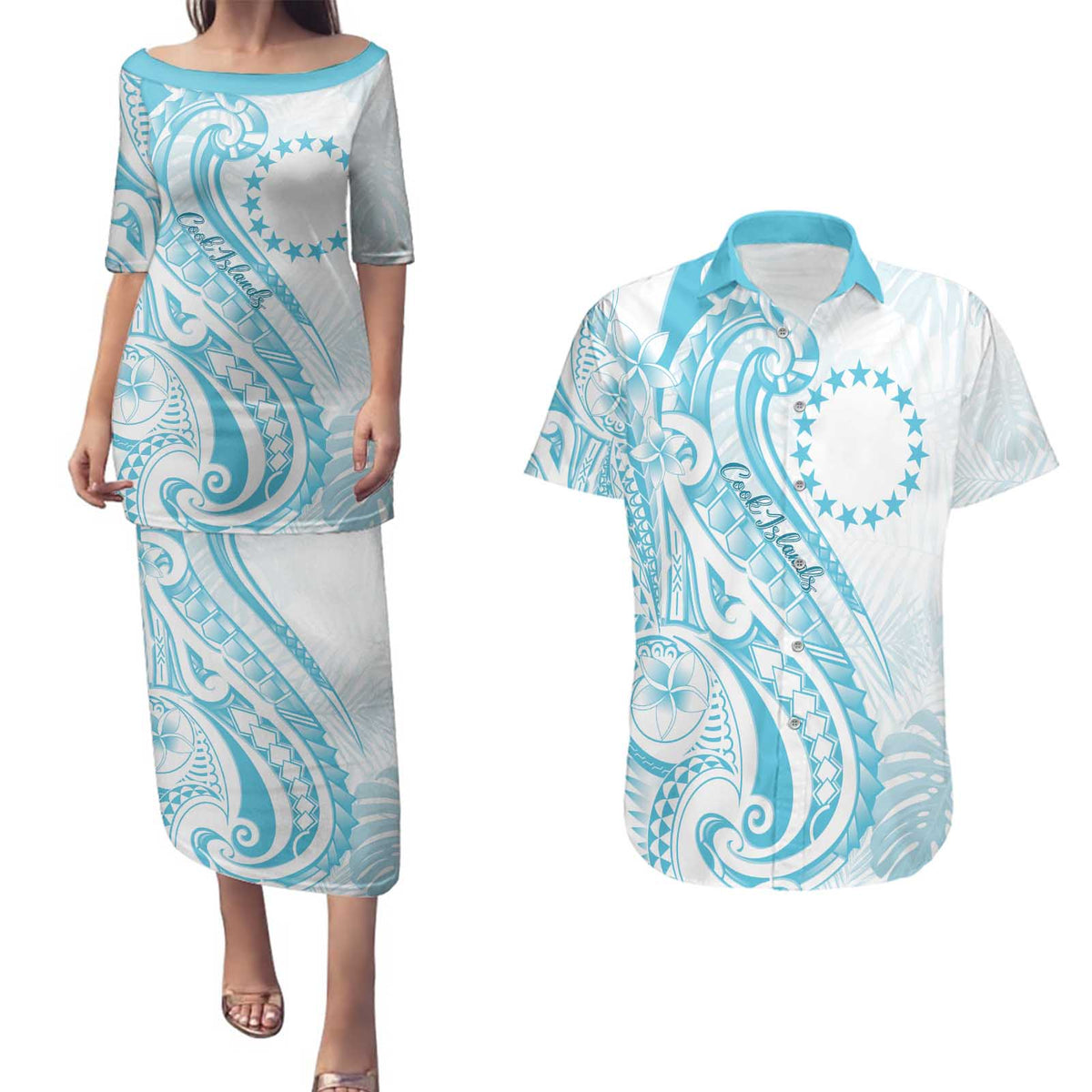 Kia Orana Cook Islands Couples Matching Puletasi and Hawaiian Shirt Moana Plumeria Tropical Waves LT7 Turquoise - Polynesian Pride