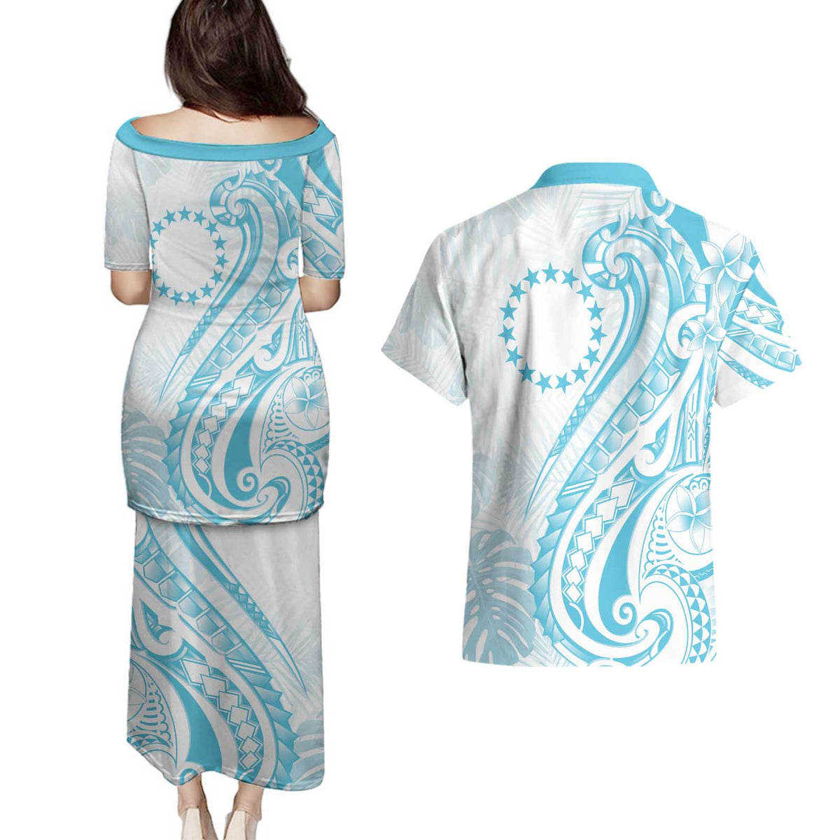 Kia Orana Cook Islands Couples Matching Puletasi and Hawaiian Shirt Moana Plumeria Tropical Waves LT7 - Polynesian Pride