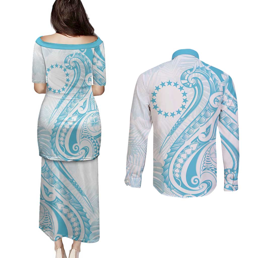 Kia Orana Cook Islands Couples Matching Puletasi and Long Sleeve Button Shirt Moana Plumeria Tropical Waves LT7 - Polynesian Pride