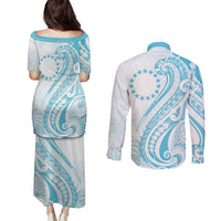 Kia Orana Cook Islands Couples Matching Puletasi and Long Sleeve Button Shirt Moana Plumeria Tropical Waves LT7 - Polynesian Pride
