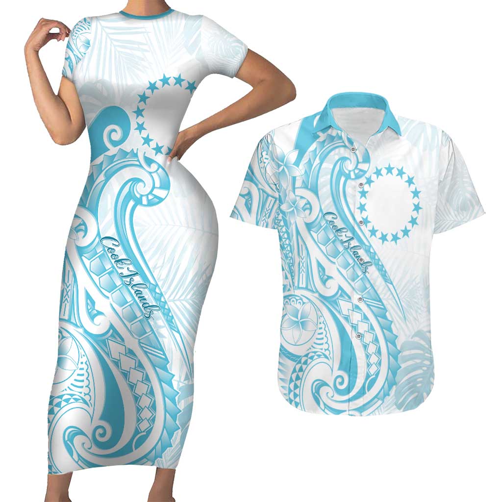 Kia Orana Cook Islands Couples Matching Short Sleeve Bodycon Dress and Hawaiian Shirt Moana Plumeria Tropical Waves LT7 Turquoise - Polynesian Pride