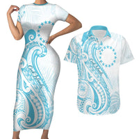 Kia Orana Cook Islands Couples Matching Short Sleeve Bodycon Dress and Hawaiian Shirt Moana Plumeria Tropical Waves LT7 Turquoise - Polynesian Pride