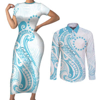 Kia Orana Cook Islands Couples Matching Short Sleeve Bodycon Dress and Long Sleeve Button Shirt Moana Plumeria Tropical Waves LT7 Turquoise - Polynesian Pride