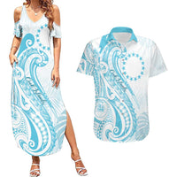 Kia Orana Cook Islands Couples Matching Summer Maxi Dress and Hawaiian Shirt Moana Plumeria Tropical Waves LT7 Turquoise - Polynesian Pride