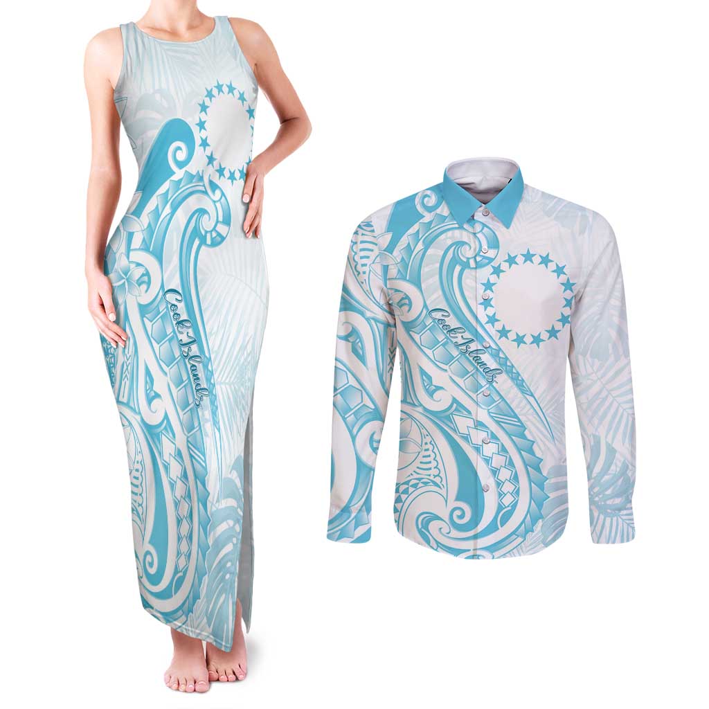 Kia Orana Cook Islands Couples Matching Tank Maxi Dress and Long Sleeve Button Shirt Moana Plumeria Tropical Waves LT7 Turquoise - Polynesian Pride