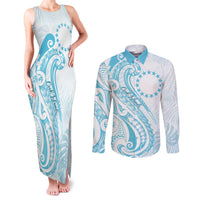Kia Orana Cook Islands Couples Matching Tank Maxi Dress and Long Sleeve Button Shirt Moana Plumeria Tropical Waves LT7 Turquoise - Polynesian Pride