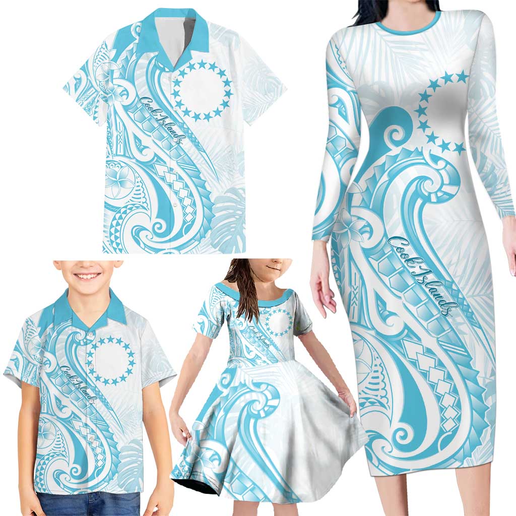 Kia Orana Cook Islands Family Matching Long Sleeve Bodycon Dress and Hawaiian Shirt Moana Plumeria Tropical Waves LT7 - Polynesian Pride