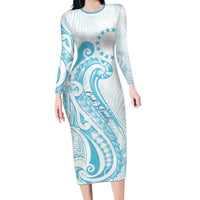 Kia Orana Cook Islands Family Matching Long Sleeve Bodycon Dress and Hawaiian Shirt Moana Plumeria Tropical Waves LT7 Mom's Dress Turquoise - Polynesian Pride