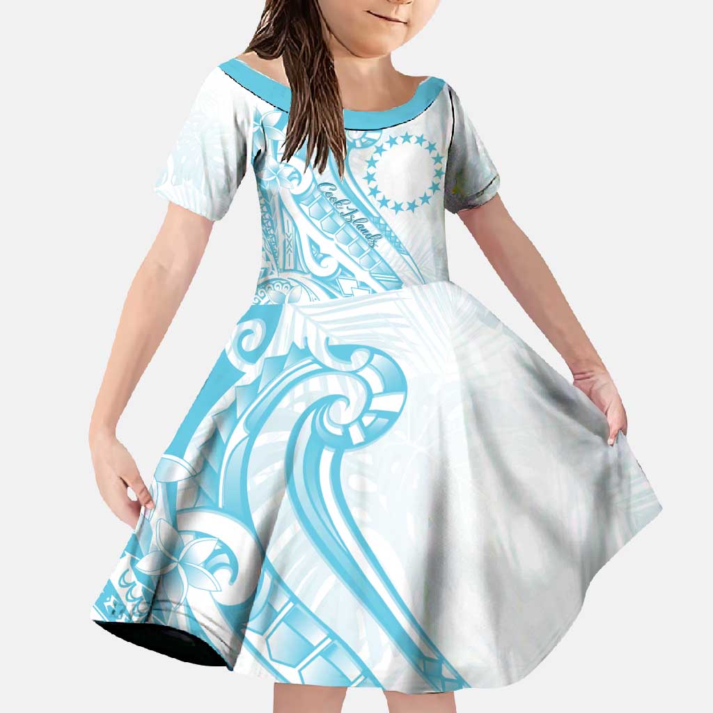 Kia Orana Cook Islands Family Matching Off Shoulder Maxi Dress and Hawaiian Shirt Moana Plumeria Tropical Waves LT7 Daughter's Dress Turquoise - Polynesian Pride