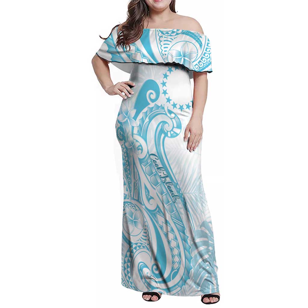 Kia Orana Cook Islands Family Matching Off Shoulder Maxi Dress and Hawaiian Shirt Moana Plumeria Tropical Waves LT7 Mom's Dress Turquoise - Polynesian Pride