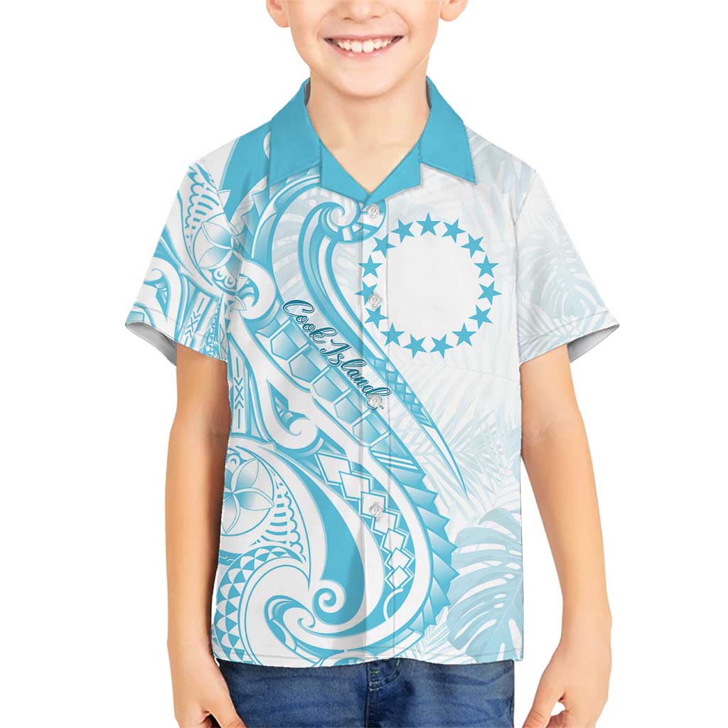 Kia Orana Cook Islands Family Matching Off Shoulder Maxi Dress and Hawaiian Shirt Moana Plumeria Tropical Waves LT7 Son's Shirt Turquoise - Polynesian Pride