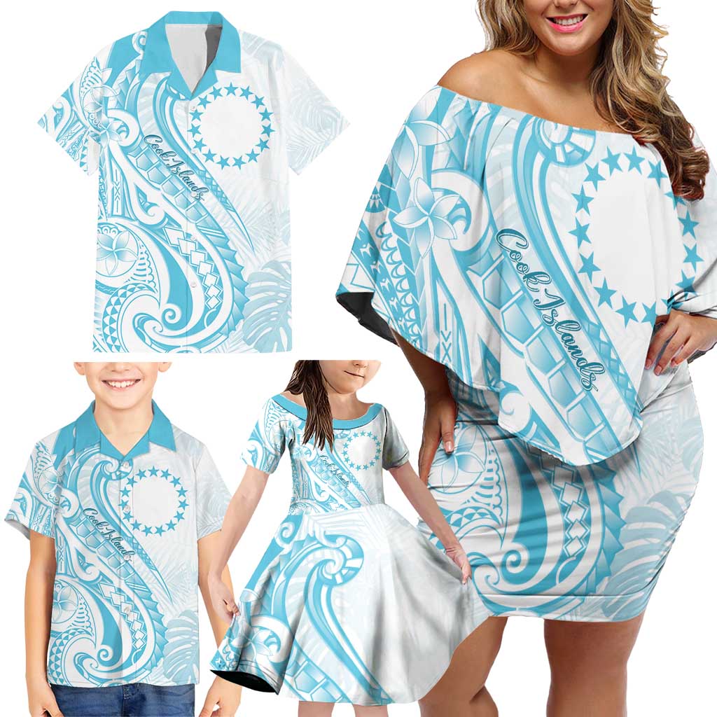 Kia Orana Cook Islands Family Matching Off Shoulder Short Dress and Hawaiian Shirt Moana Plumeria Tropical Waves LT7 - Polynesian Pride