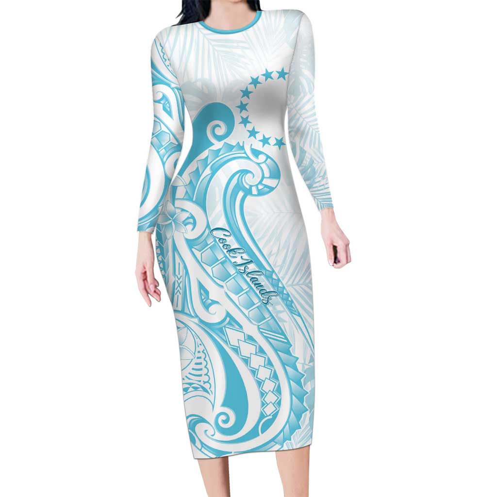 Kia Orana Cook Islands Long Sleeve Bodycon Dress Moana Plumeria Tropical Waves LT7 Long Dress Turquoise - Polynesian Pride