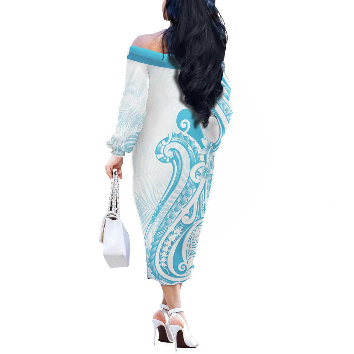 Kia Orana Cook Islands Off The Shoulder Long Sleeve Dress Moana Plumeria Tropical Waves LT7 - Polynesian Pride