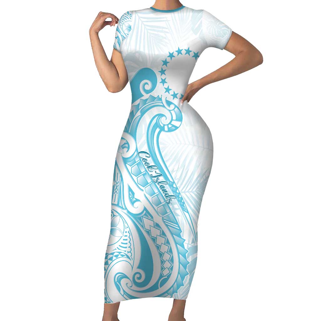 Kia Orana Cook Islands Short Sleeve Bodycon Dress Moana Plumeria Tropical Waves LT7 Long Dress Turquoise - Polynesian Pride