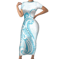 Kia Orana Cook Islands Short Sleeve Bodycon Dress Moana Plumeria Tropical Waves LT7 Long Dress Turquoise - Polynesian Pride