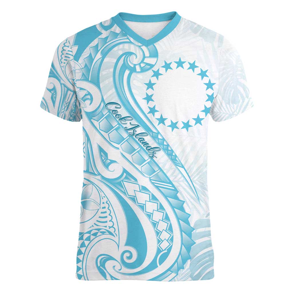 Kia Orana Cook Islands Women V-Neck T-Shirt Moana Plumeria Tropical Waves LT7 Female Turquoise - Polynesian Pride